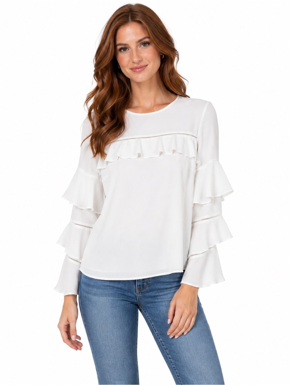 White House Black Market Ruffle Tiered Sleeve Blouse Top White Size 2